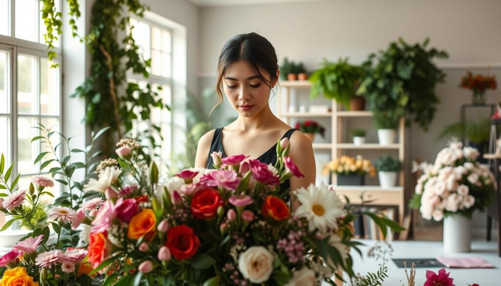 An elegant floral designer in a serene studio, surrounded by lush blooms and verdant foliage. Natural lighting filters through large windows, casting a warm glow on the tranquil workspace. The designer, a young Japanese woman with a calm, focused expression, carefully selects and arranges vibrant flowers, capturing the essence of her craft. In the background, a minimalist desk and shelves showcase her artistic tools and inspirations. The scene conveys the skill, artistry, and introspective nature of the floral design profession, hinting at the potential earning power of a master of this delicate craft.