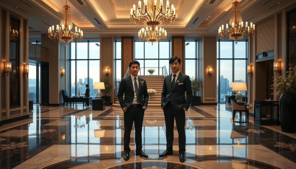 An elegant hotel lobby with polished marble floors and opulent chandeliers. In the foreground, three young Japanese-looking individuals in formal attire stand with poised posture, representing the distinct roles of a concierge - a welcoming host, a knowledgeable guide, and a discreet assistant. Soft, warm lighting casts a refined ambiance, while the middle ground features a grand staircase and tasteful decor hinting at the high-end establishment. The background showcases floor-to-ceiling windows overlooking a picturesque city skyline, creating a sense of luxury and exclusivity. The scene conveys the professionalism, attentiveness, and specialized expertise that define the unique characteristics of each concierge specialty.