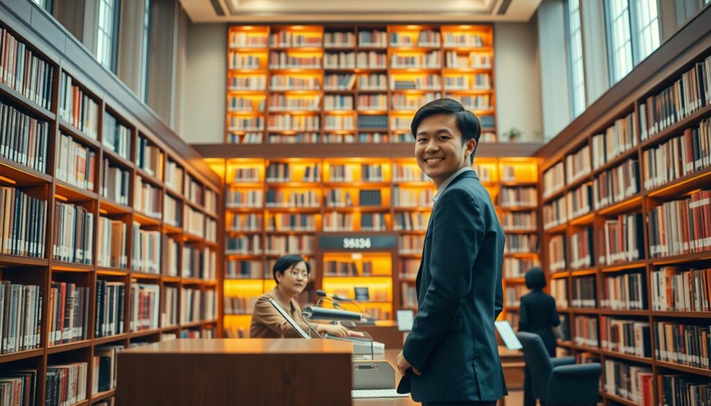 An elegant library interior with tall bookshelves lining the walls, casting warm amber lighting across the room. A young Japanese librarian, dressed in professional attire, stands at the circulation desk, smiling warmly and assisting a patron. The shelves are filled with meticulously organized books, suggesting the librarian's extensive knowledge and dedication to their craft. The atmosphere is serene and inviting, encouraging visitors to explore the wealth of information within. The camera angle captures the scene from a slight elevation, providing a comprehensive view of the librarian's workspace and the surrounding environment.