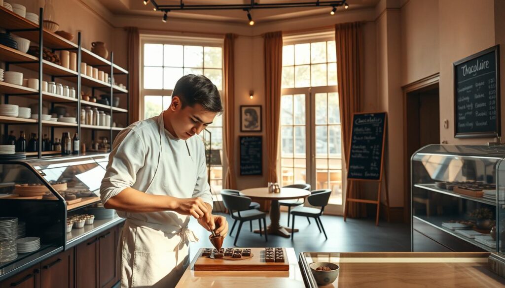 An elegant patisserie interior, bathed in warm, golden light filtering through large windows. In the foreground, a young, skilled chocolatier in a crisp, white apron carefully tempers chocolate, their focused gaze reflecting the precision of their craft. Behind them, sleek display cases showcase an array of decadent, handcrafted confections. Shelves are stocked with various tools and ingredients, hinting at the meticulous preparation required to open a successful chocolaterie. The middle ground features a cozy seating area, where customers can savor the shop's offerings in a serene, inviting atmosphere. In the background, a chalkboard menu board lists the day's specialty items, complemented by minimalist, Japanese-inspired decor that evokes a sense of refined simplicity.
