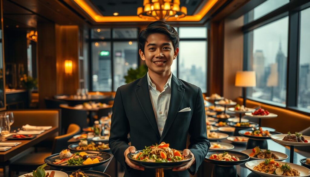 An elegant restaurant interior, dimly lit with warm, golden tones. In the center, a young, Japanese-looking food stylist stands proudly, surrounded by an artful display of meticulously arranged dishes. Carefully curated ingredients, vibrant colors, and thoughtful plating showcase their culinary expertise. The stylist's confident expression and impeccable attire convey a sense of accomplished professionalism. A large window in the background provides a glimpse of a bustling city skyline, hinting at the stylist's successful career within the dynamic food industry. The scene radiates a palpable atmosphere of pride, creativity, and hard-earned success.
