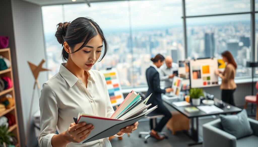 An elegant scene showcasing the diverse industries where color coordinators thrive. In the foreground, a young, stylish Japanese woman examines color palettes and fabric samples, her expression focused and intent. In the middle ground, her colleagues collaborate on mood boards and design mockups, their workspace brimming with vibrant hues and sleek, modern furnishings. The background reveals a panoramic view of a bustling city skyline, hinting at the wide-ranging applications of color coordination, from fashion and interior design to advertising and product development. Soft, directional lighting accentuates the professionals' dedication, while a sense of dynamism and creativity permeates the entire frame.