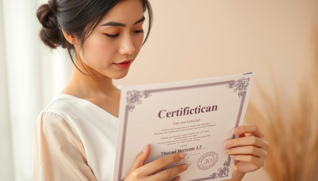 An elegant, serene image showcasing a young, Japanese-looking woman holding a stylized certificate against a soft, blurred background. Warm lighting illuminates her focused expression as she studies the document, conveying the pride and accomplishment of earning an esthetician certification. The overall composition is clean and balanced, with a subtle, professional atmosphere that aligns with the article's subject matter and section title.
