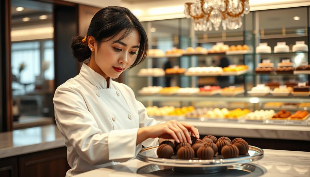 An elegant, sophisticated patisserie interior with soft lighting and polished marble countertops. In the foreground, a young Japanese-looking woman in a pristine white chef's uniform is carefully arranging chocolate truffles on a silver platter, her face focused and serene. Behind her, shelves display an array of exquisite pastries and confections, hinting at the depth of her culinary expertise. The atmosphere is one of quiet dedication and mastery of the craft, capturing the essence of the "ショコラティエ" title and the rigorous training required to achieve it.