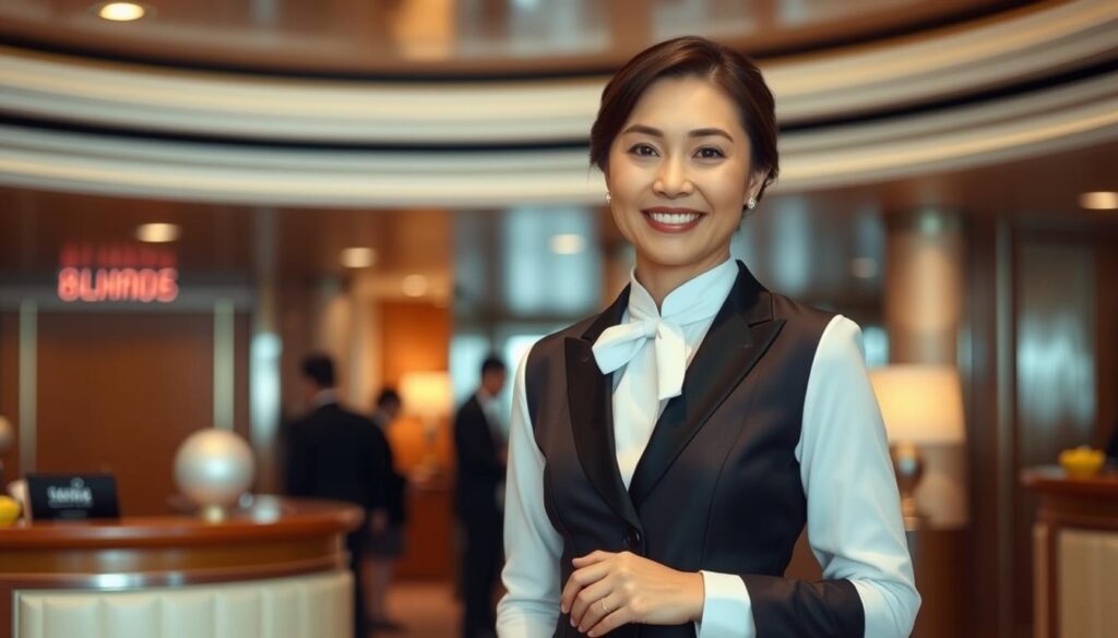 An elegant, well-dressed Japanese cruise ship purser stands in the ship's reception area, warmly greeting and assisting guests with a gentle smile and attentive demeanor. The purser's refined yet friendly presence evokes a sense of hospitality and professionalism, contributing to the overall luxurious atmosphere of the ship. Soft, diffused lighting casts a warm glow, highlighting the purser's graceful movements and polished appearance. The background features a tasteful blend of modern and traditional design elements, conveying the ship's blend of Japanese and international influences. The scene captures the purser's vital role in ensuring a memorable and seamless cruise experience for passengers.