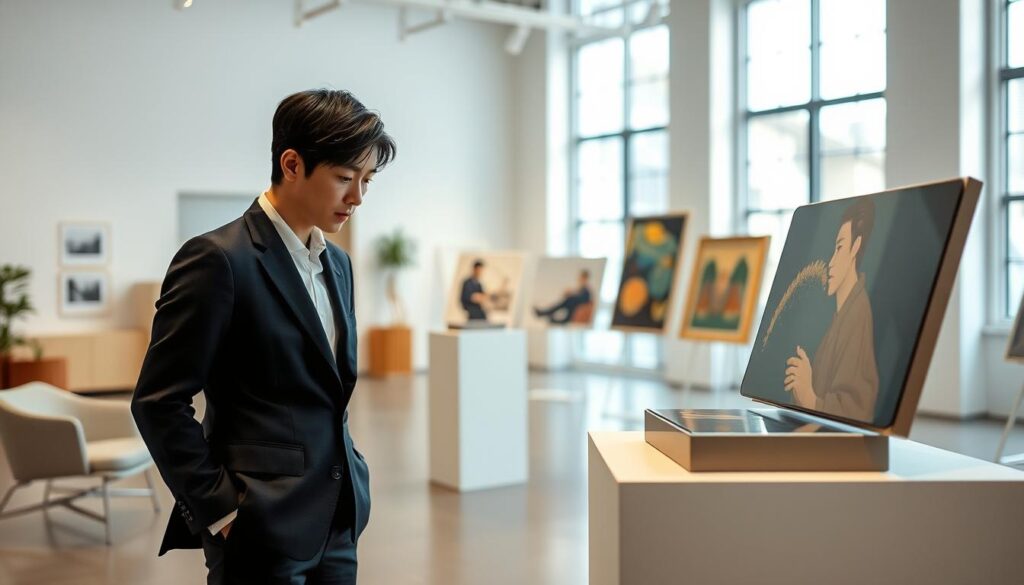 An elegant, well-lit studio space with modern furnishings and a minimalist aesthetic. In the foreground, a poised young Japanese curator in a crisp, professional outfit examines a piece of artwork on a display pedestal, their face conveying deep concentration and contemplation. In the middle ground, several more artworks are arranged tastefully, hinting at the curation process. The background is softly blurred, suggesting a spacious gallery or museum setting with clean lines and natural lighting filtering in from large windows. An atmosphere of refined professionalism and creative focus permeates the scene.