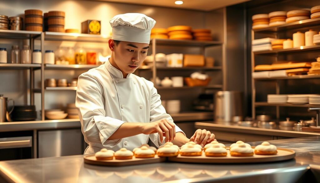 An elegantly dressed pâtissier, their pristine white uniform complemented by a crisp apron, stands in a gleaming commercial kitchen. Bathed in warm, soft lighting, they thoughtfully arrange delicate, artisanal pastries on a gleaming steel counter, their skilled hands conveying a deep passion for their craft. In the background, shelves brimming with an array of baking ingredients and tools hint at the depth of knowledge required to excel in this profession. The pâtissier's youthful, Japanese features exude a sense of focus and determination, reflecting the drive necessary to ascend the ranks of this rewarding career path.