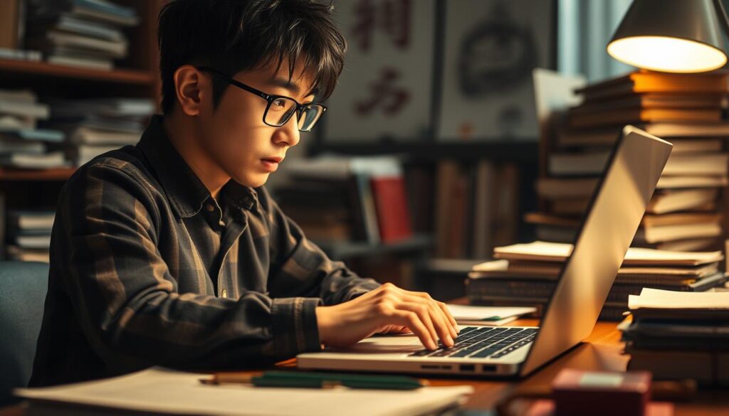 An energetic and determined Japanese writer sitting at a desk, intently focused on their laptop screen. The office setting is filled with stacks of paper, reference books, and a warm, ambient lighting. The writer's face conveys a sense of deep concentration, their fingers swiftly typing as they craft the next captivating scene. The background is blurred, creating a sense of immersion in the creative process. The overall atmosphere is one of productivity, inspiration, and the pursuit of storytelling excellence.