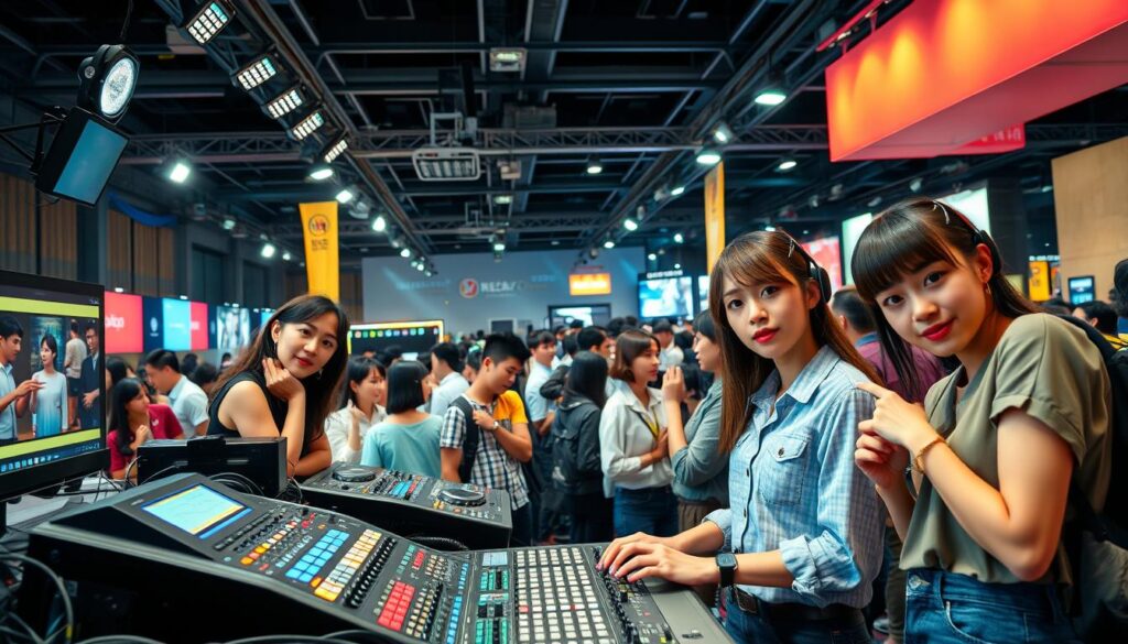 An energetic, bustling video jockey job market with young, stylish Japanese models confidently showcasing their skills. A vibrant, well-lit scene captures their passion and dedication, with modern audio equipment, mixing consoles, and lighting rigs prominently featured in the foreground. The middle ground features a diverse array of applicants and interviewers engaged in lively conversations, while the background depicts the dynamic, fast-paced atmosphere of the event, hinting at the competitive yet exciting nature of the video jockey industry. The overall mood conveys a sense of opportunity, innovation, and the pursuit of one's creative aspirations within this specialized field.