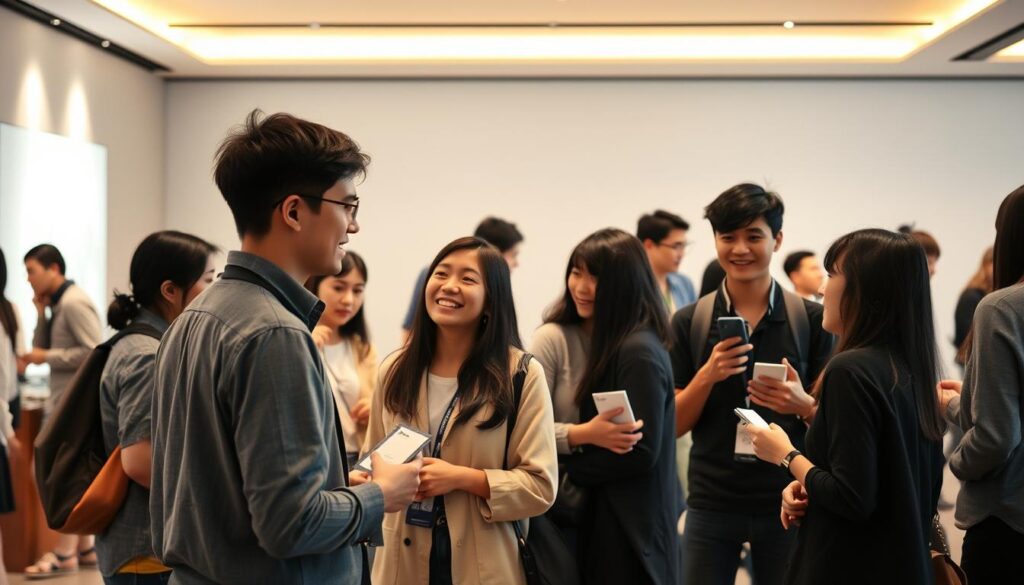 An energetic group of young Japanese-looking environmental designers, casually networking at a modern, minimalist event space. Softly lit with warm overhead lighting, the designers stand in small circles, engaging in animated discussions, exchanging ideas and business cards. The scene exudes a sense of collaboration and creativity, reflecting the dynamic nature of the environmental design industry.