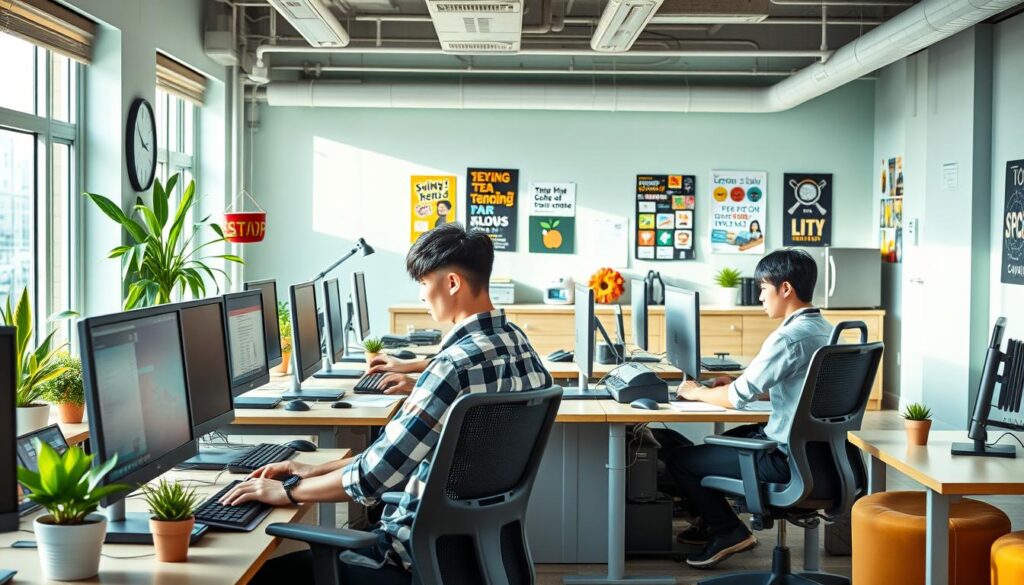 An energetic, modern office space with young, focused Japanese programmers hard at work. Bright, natural lighting filters in through large windows, illuminating a cluster of desks equipped with top-of-the-line computer setups. Ergonomic chairs and standing desks promote productivity. Colorful, playful décor like potted plants, quirky artwork, and motivational posters line the walls, creating an inspiring, creative atmosphere. In the background, a kitchenette with high-end appliances and a cozy lounge area offer spaces for collaboration and relaxation. The programmers, with youthful, realistic features, are deeply engaged in their coding, demonstrating the passion and intensity of their profession.