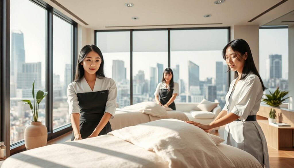 An energetic scene of a modern Japanese esthetician's workplace, bathed in soft, natural lighting from large windows. In the foreground, three young, attractive female estheticians, with sleek black hair and gentle facial features, attentively assist clients on massage tables. The middle ground showcases a clean, minimalist spa-like setting with soothing neutral tones, plush fabrics, and elegant decor. The background reveals a bustling urban cityscape, hinting at the high demand for skilled estheticians in this thriving metropolitan environment. The overall atmosphere conveys a sense of professionalism, tranquility, and the growing popularity of the esthetics industry in Japan.