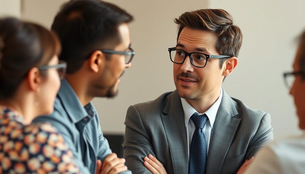 An environmental consultant engaged in thoughtful discussion with clients, their faces lit by warm, natural lighting. The consultant, dressed in a smart, professional attire, leans forward with an open, inviting posture, conveying a sense of approachability and active listening. In the background, a neutral, slightly blurred office setting suggests the context of their work. The overall atmosphere is one of productive collaboration and effective communication, highlighting the consultant's strong interpersonal skills.