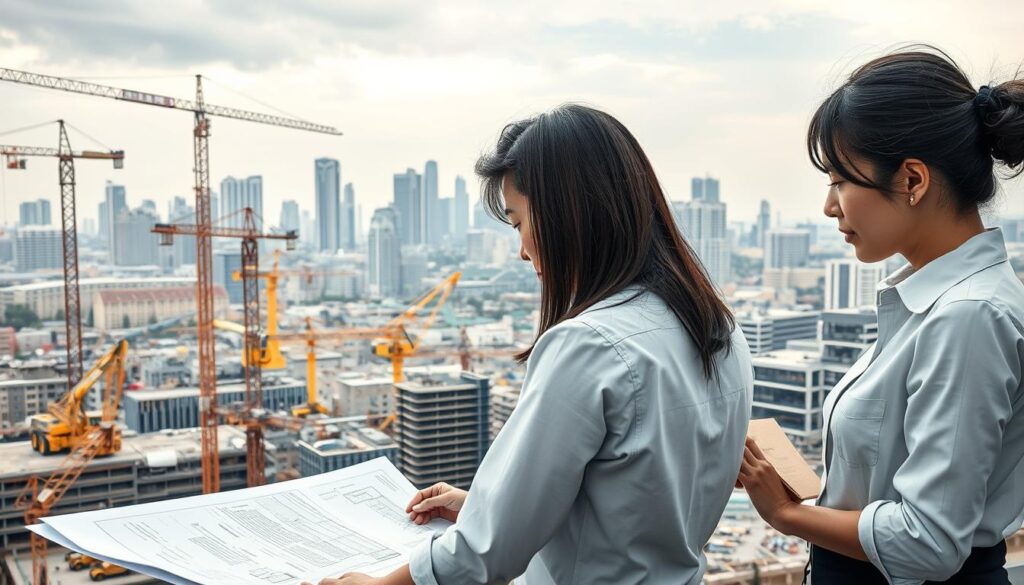 An expansive architectural landscape unfolds, showcasing the diverse responsibilities of a construction consultant. In the foreground, a team of young, dark-haired Japanese professionals collaborates on detailed plans, meticulously reviewing technical drawings and site surveys. The middle ground reveals a bustling construction site, where cranes and heavy machinery operate under the guidance of the consultants, ensuring the project's smooth progression. In the background, towering skyscrapers and urban infrastructure rise, reflecting the consultants' role in shaping the built environment. Soft, diffused lighting casts a contemplative atmosphere, emphasizing the consultants' crucial contributions to the city's development.