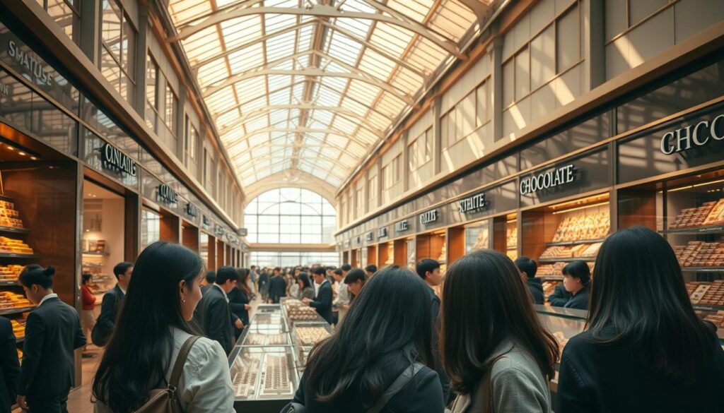 An expansive, bustling chocolate market with sleek modern storefronts and artisanal boutiques. Young, refined Japanese-looking patrons peruse the tantalizing displays, inspecting the gleaming, meticulously crafted confections. Overhead, sun-dappled glass ceilings filter warm natural light, casting a golden glow over the scene. In the foreground, a group of fashionable, dark-haired customers engage in animated discussion, their expressions reflecting a shared passion for the delectable offerings. In the background, a panoramic view reveals the market's scale and scope, hinting at the industry's thriving potential. The overall atmosphere evokes a sense of sophisticated indulgence, sophistication, and a promising future for the world of fine chocolate.