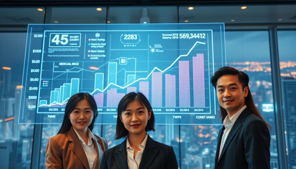 An expansive, data-driven chart showcasing the career earnings trajectory of spatial information consultants. In the foreground, a trio of smartly-dressed professionals - two women and one man - stand before a large, holographic display depicting a sleek, infographic-style visualization of salaries over time. The consultants' faces are youthful, with clean-cut, Japanese-inspired features. Ambient lighting casts a warm, professional glow, while the middle ground features a futuristic, glass-walled office setting. In the background, a vast, urban skyline extends into the distance, hinting at the consultants' influence and the growing demand for their specialized expertise.