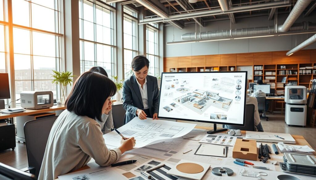 An expansive office interior with floor-to-ceiling windows bathed in warm, natural lighting. At the center, a group of young, professional-looking Japanese designers collaborating on a large digital display, deep in discussion over architectural renderings and sketches spread across their desks. In the foreground, a woman with short, black hair carefully annotates a blueprint, while her colleagues pore over material samples and mood boards. The background features an array of drafting tools, CAD software, and 3D printers - the tools of the environment designer's trade. An atmosphere of focused creativity and problem-solving pervades the scene.