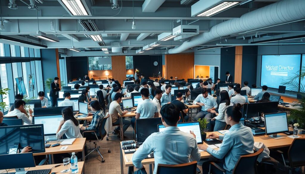 An expansive office space with a vibrant and dynamic energy, filled with a diverse team of young, Japanese-looking creative professionals. Muted tones of gray and blue create a sleek, contemporary atmosphere, accented by warm wood tones and flourishes of greenery. The scene captures a bustling collaborative environment, with groups gathered around digital displays, brainstorming ideas and sketching concepts. A sense of purpose and innovation permeates the space, reflecting the innovative and forward-thinking nature of the creative director industry.