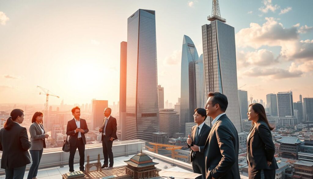 An expansive, sun-drenched architectural landscape, showcasing the dynamic trends within the industry. In the foreground, a group of young, sharp-featured Japanese professionals dressed in sleek, modern attire converse animatedly, their gestures and expressions conveying the pulse of the market. In the middle ground, towering steel-and-glass skyscrapers reflect the sky's luminous glow, while intricate scale models and blueprints litter the scene, hinting at the meticulous planning and innovation driving the field. The background frames this vibrant setting with a panoramic view of the city, its skyline punctuated by a mix of traditional and contemporary structures, symbolizing the evolution and intersection of architectural styles. Soft, diffused lighting casts a warm, professional ambiance over the entire composition.