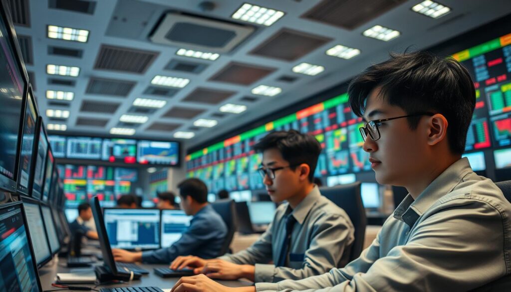 An expansive trading floor with rows of focused individuals diligently monitoring multiple screens, analyzing currency fluctuations and market trends. Crisp lighting casts a professional ambiance, complemented by the hum of keyboards and the occasional decisive click of a mouse. Young Japanese-looking traders, their faces reflecting deep concentration, strategize their next moves, weaving intricate financial narratives through their skilled transactions. A sense of high-stakes intensity permeates the scene, underscoring the crucial role of the foreign exchange dealer in the global economy.