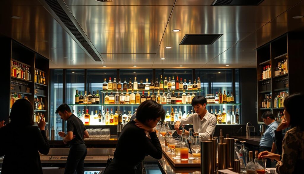 An expansive, well-lit bar with a sleek, contemporary design. The bartenders, young Japanese individuals with dark hair, efficiently move behind the counter, mixing drinks with precision and flair. Gleaming bottles of liquor line the shelves, casting a warm glow across the scene. The bartenders interact with patrons, engaged in lively conversation, creating a convivial atmosphere. Soft lighting from overhead fixtures and task lighting on the bar illuminates the space, highlighting the bartenders' skilled handiwork. The overall scene conveys a professional, yet welcoming, environment for the bartenders to showcase their craft.