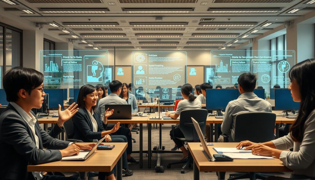 An expansive, well-lit office scene featuring a diverse group of young, professional-looking Japanese individuals seated at desks, engaged in various job-search activities. The foreground showcases three individuals, each representing a different job role, gesturing animatedly as they discuss employment options. In the middle ground, a series of holographic screens display occupation-specific information, while the background is filled with a modern, minimalist decor that creates a sense of productivity and focus. The lighting is soft and natural, casting a warm glow over the scene and emphasizing the collaborative atmosphere. The overall composition conveys the idea of a comprehensive, personalized job search support system tailored to different professional backgrounds.