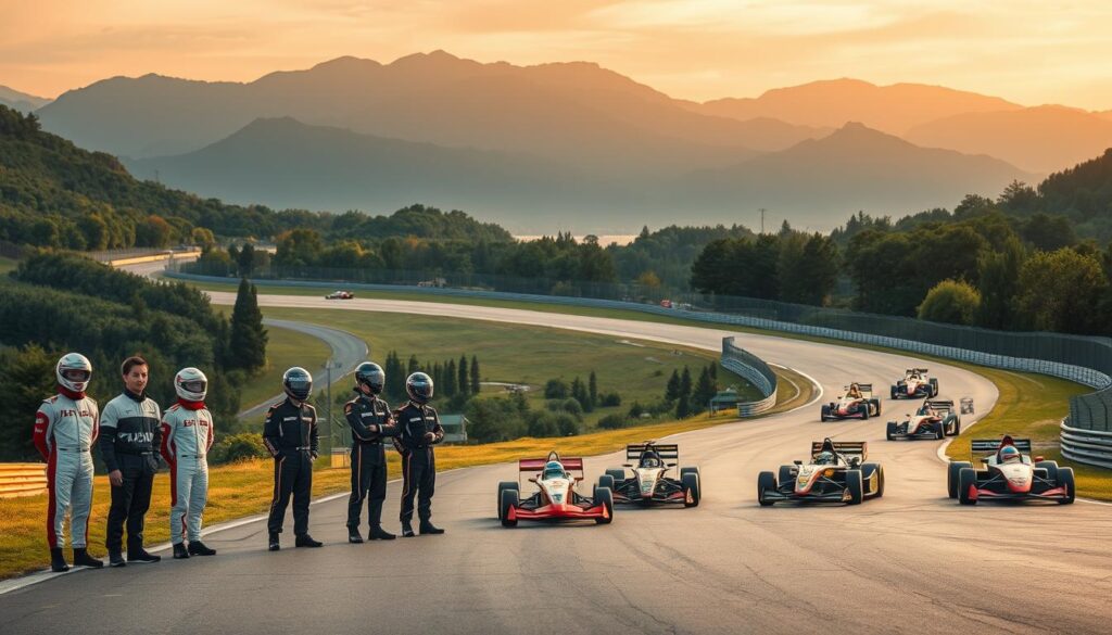 An expansive, well-lit racetrack winds through a lush, verdant landscape, framed by towering mountains in the distance. In the foreground, a group of young, focused Japanese racers in sleek, aerodynamic suits and helmets stand beside their high-performance vehicles, each representing a distinct step on the racing career path. The middle ground features a diverse array of specialized racing machines, from nimble go-karts to powerful Formula cars, symbolizing the various stages of the racing profession. The background is bathed in warm, golden light, conveying a sense of aspiration and achievement. The overall scene exudes a palpable energy, capturing the thrill and dedication inherent in the racing career journey.