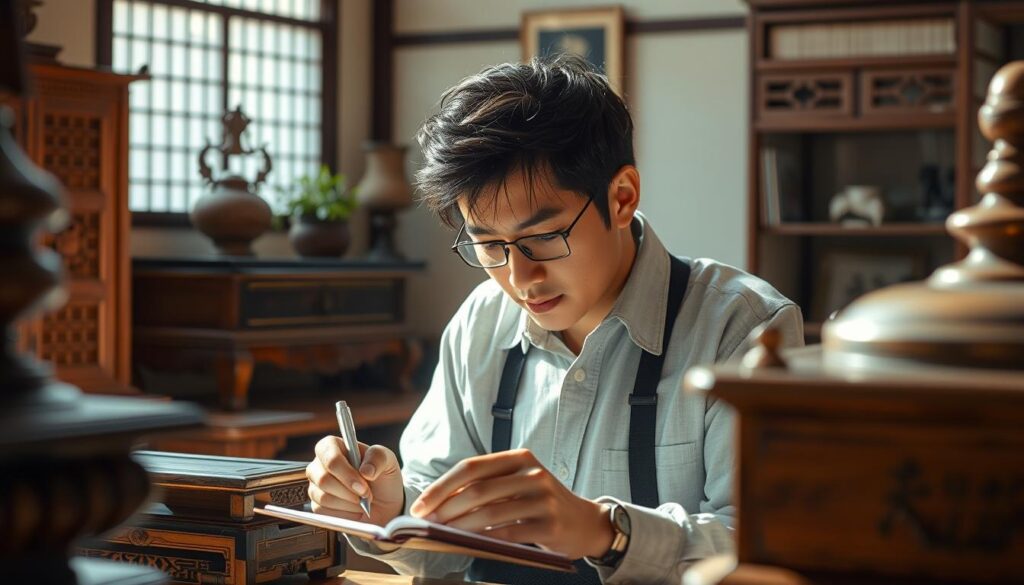 An experienced appraiser thoroughly examines antique furniture, carefully scrutinizing each detail with a keen eye. Soft natural lighting illuminates the scene, highlighting the rich textures and intricate craftsmanship. The appraiser, a young Japanese-looking individual, meticulously takes notes, their brow furrowed in concentration. In the background, a well-appointed room with traditional Japanese decor sets the stage for this expert's diligent assessment. The overall atmosphere conveys a sense of expertise, attention to detail, and the importance of the appraiser's role in preserving cultural heritage.