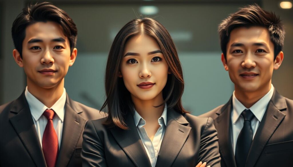 An expertly composed photograph showcases three professionally dressed Japanese individuals, their youthful features and dark hair exuding a polished, executive demeanor. The central figure, a woman in a smart business suit, stands confidently with her colleagues, her gaze directed toward the camera with a hint of determination. Arranged in a triangular composition, the trio is positioned against a subtly blurred background, the lighting casting a warm, authoritative glow that accentuates their poised expressions. This carefully crafted scene captures the essence of the "Facility Manager" profession, conveying a sense of competence, responsibility, and the financial rewards associated with this coveted career path.