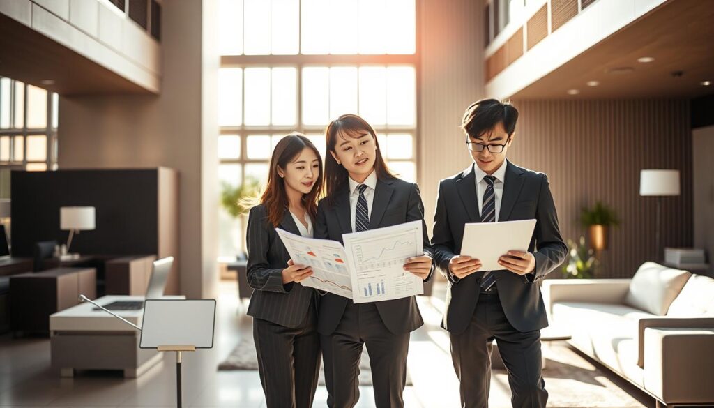 An expertly composed scene showcasing the earnings potential of space designers. A trio of well-dressed, youthful Japanese professionals - two women and one man - stand in a modern, minimalist office, surrounded by sleek furnishings and architectural elements. Warm, natural lighting floods the space, casting a soft glow on their faces as they review financial documents and charts, deep in contemplation of their lucrative career paths. The image captures the prosperity and creative fulfillment of the space design field, inviting the viewer to explore this dynamic profession in greater detail.