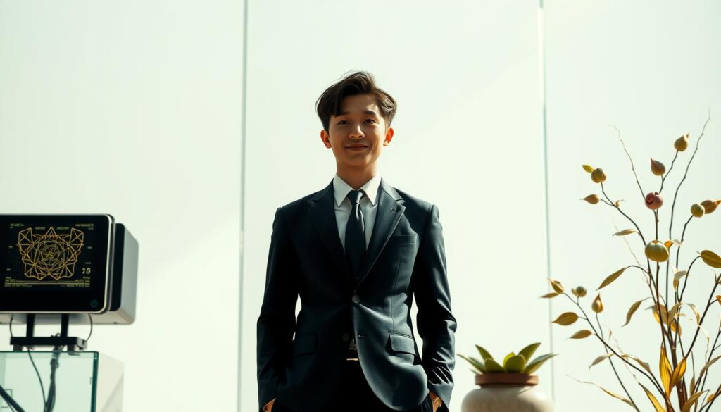 An exquisitely detailed scene depicting the future prospects and potential of the design producer profession. Set against a sleek, modern backdrop, three young, Japanese-looking individuals stand poised, their expressions conveying a sense of ambition and optimism. Soft, natural lighting illuminates their faces, highlighting their sharp features and youthful vigor. The middle figure, adorned in a crisp, tailored suit, embodies the confident, forward-thinking nature of the design producer role. Surrounding them, a blend of cutting-edge technology and organic, minimalist design elements suggests the intersection of creativity and innovation that defines this dynamic career path. The overall atmosphere radiates a sense of promise and limitless possibilities, capturing the essence of the "Future Prospects of the Design Producer" section.