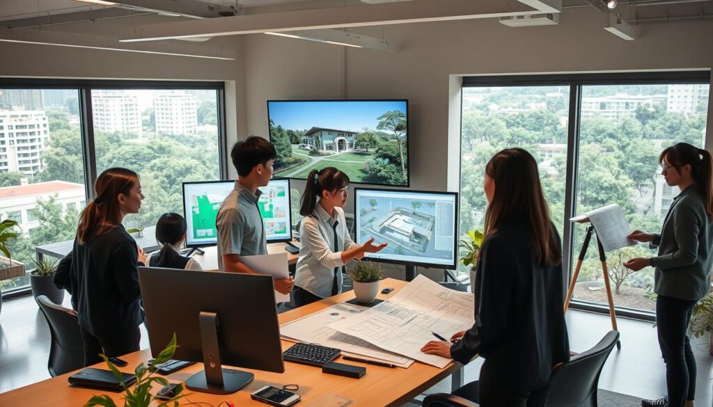 An exterior design office, filled with young, Japanese-looking professionals engaged in various tasks. The scene depicts a spacious, well-lit workspace with large windows overlooking a lush, urban landscape. In the foreground, a team of designers collaborates on CAD software, meticulously planning outdoor structures and landscaping. In the middle ground, an architect presents design concepts to clients, gesturing towards 3D renderings displayed on a large monitor. In the background, interns measure and sketch site plans, their expressions focused and determined. The overall atmosphere is one of creative energy, professionalism, and attention to detail, reflecting the multifaceted nature of exterior design work.