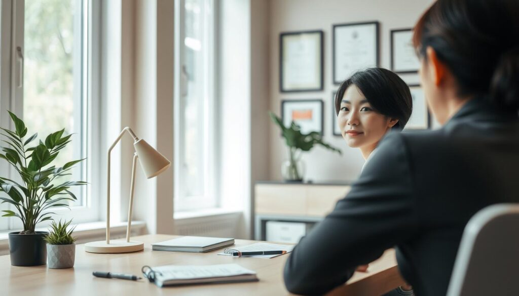 An image of a counselor's work and professional skills. A serene, well-lit office setting with large windows letting in natural light. In the foreground, a young, professional-looking Japanese woman with short, dark hair sits at a desk, intently listening to a client across from her. Her expression is one of empathy and focus. In the middle ground, various therapeutic tools and resources are neatly arranged - notebooks, pens, a lamp, and a potted plant. The background features neutral-toned walls adorned with framed certificates and diplomas, conveying the counselor's expertise and qualifications. The overall mood is calm, contemplative, and conducive to open and productive conversations.