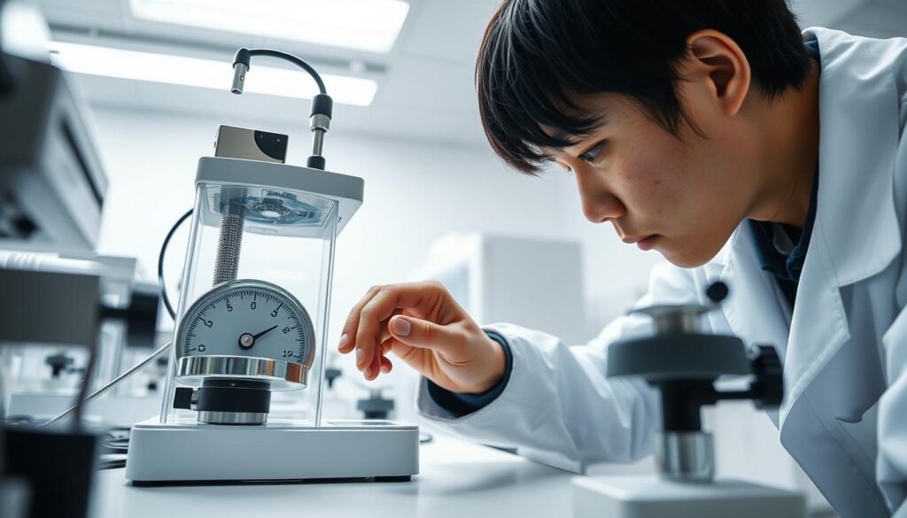 An image of a meticulous and highly-skilled scale technician expertly calibrating delicate laboratory equipment in a modern, well-lit workspace. The subject, a young Japanese-looking individual with short black hair, leans intently over a precision scale, adjusting the dials with utmost focus and care. The scene is captured from a low angle, emphasizing the technician's expertise and the importance of their specialized knowledge. The background is clean and minimal, allowing the subject's actions and the scientific instruments to take center stage, conveying a sense of professionalism and technical mastery.