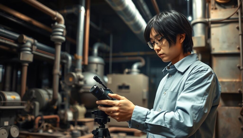 An image of a professional odor assessor conducting field work in a realistic setting. In the foreground, the assessor, a young Japanese person with black hair, meticulously takes measurements and recordings using specialized equipment. The middle ground reveals the surrounding industrial environment, with machinery, pipes, and other infrastructure. The background depicts a dimly lit, gritty atmosphere, conveying the challenging nature of the job. Soft, directional lighting illuminates the scene, casting subtle shadows and highlighting the assessor's focused expression. The overall tone is one of technical proficiency and the dedicated pursuit of understanding complex odor-related issues.