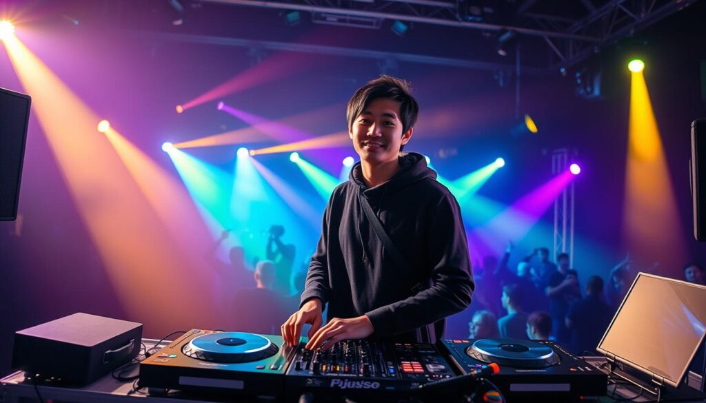 An image of a young, Japanese-looking DJ standing on a stage, illuminated by colorful stage lights. The DJ is surrounded by audio equipment like turntables, mixers, and speakers, all arranged in a sleek, professional setup. In the background, there are silhouettes of a crowd, suggesting an energetic concert atmosphere. The lighting is dramatic, with a mix of warm and cool tones, creating a vibrant, high-energy ambiance. The DJ is captured in a dynamic pose, hands on the turntables, conveying a sense of mastery and passion for their craft. The overall scene depicts the progression of a DJ's career, from the technical setup to the engaging performance on stage.