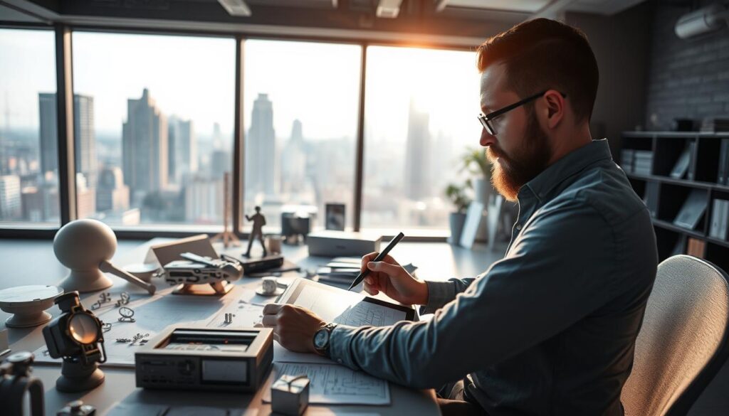 An industrial designer hard at work in their modern studio, sketching ideas on a digital tablet while surrounded by technical drawings, 3D models, and prototypes on the desk. The lighting is bright and indirect, casting a warm glow across the scene. A large window in the background offers a view of the cityscape outside, hinting at the designer's inspiration and connection to the urban environment. The overall atmosphere is one of focused productivity and creative problem-solving, reflecting the daily tasks and challenges faced by this profession.