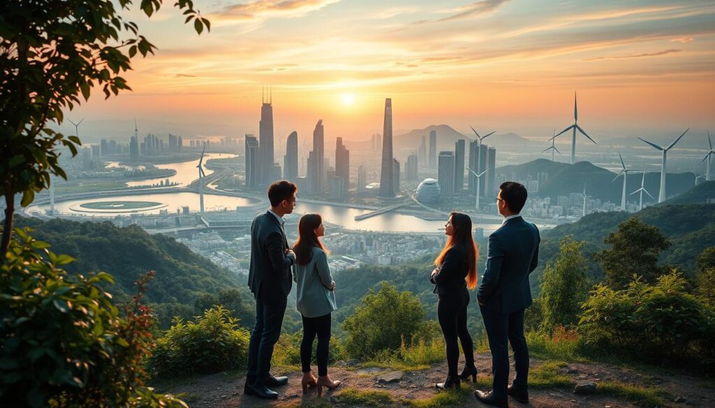An innovative eco-friendly cityscape with lush greenery, renewable energy sources, and sleek modern architecture. In the foreground, a group of young Japanese professionals in business attire stand together, discussing sustainable urban planning concepts. The middle ground features a sprawling futuristic skyline with towering skyscrapers, solar panels, and wind turbines. The background showcases a serene natural landscape with rolling hills, a sparkling lake, and a vibrant sunset sky. The lighting is soft and diffused, creating a warm, optimistic atmosphere. This image captures the essence of a cutting-edge, environmentally conscious city of the future.