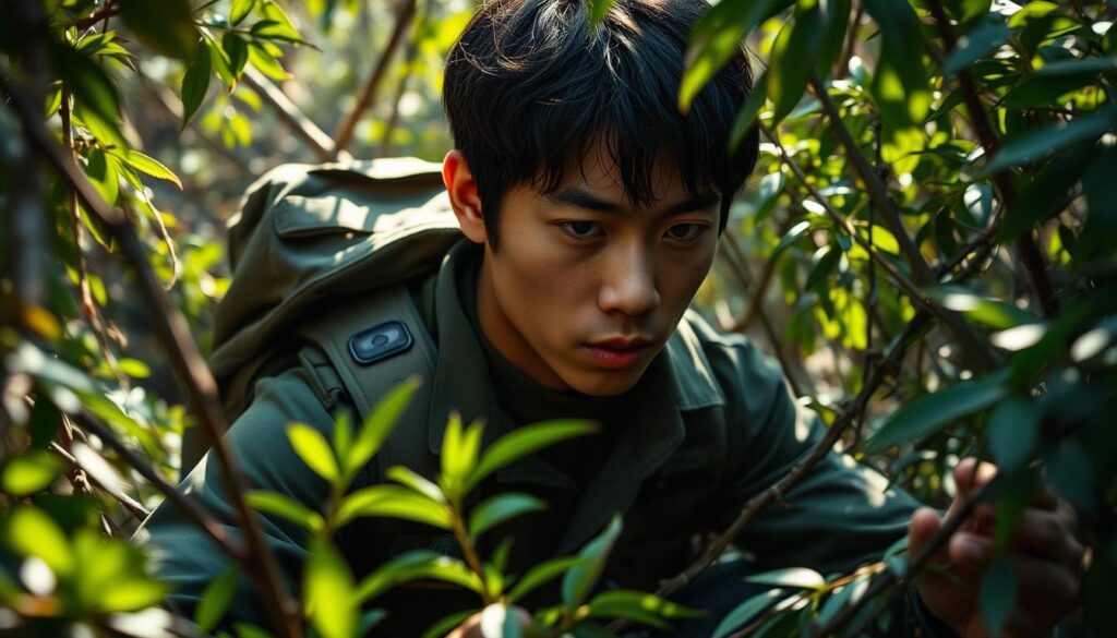 An intense and focused ranger conducting field work in a rugged, natural environment. A young, Japanese-looking individual with dark hair, dressed in durable outdoor gear, carefully navigating through dense foliage. Sunlight filters through the canopy, casting dramatic shadows and highlights on the ranger's determined expression. The scene conveys a sense of physical and mental fortitude required for this demanding role, with the ranger demonstrating keen observation skills and a strong connection to the wilderness.