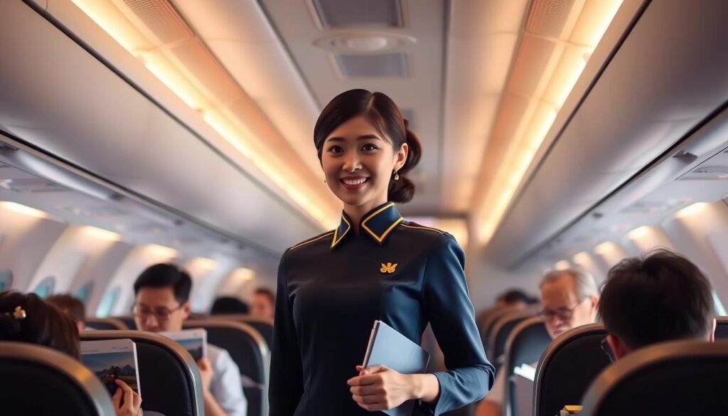 An interior cabin of a commercial passenger aircraft, brightly lit with soft, warm lighting. A young, Japanese-looking cabin attendant, dressed in a crisp navy blue uniform with gold accents, stands at the ready, attentively monitoring the cabin and assisting passengers with their needs. Passengers sit comfortably in their seats, some reading, others resting. The attendant's posture is poised and professional, her demeanor calm and reassuring. The scene conveys the essence of a cabin attendant's duties - ensuring passenger comfort and safety throughout the flight.
