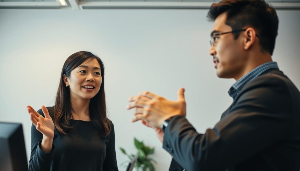 An interior office scene with two young Japanese-looking customer service representatives, a man and a woman, engaged in an animated conversation. The woman is gesturing expressively, her face conveying earnest concern, while the man listens intently, his brow furrowed in concentration. Soft, warm lighting illuminates their faces, creating a sense of professionalism and customer-centric focus. The background features a modern, minimalist office setting with clean lines and muted colors, emphasizing the subject matter. The overall mood is one of attentive customer service and problem-solving.