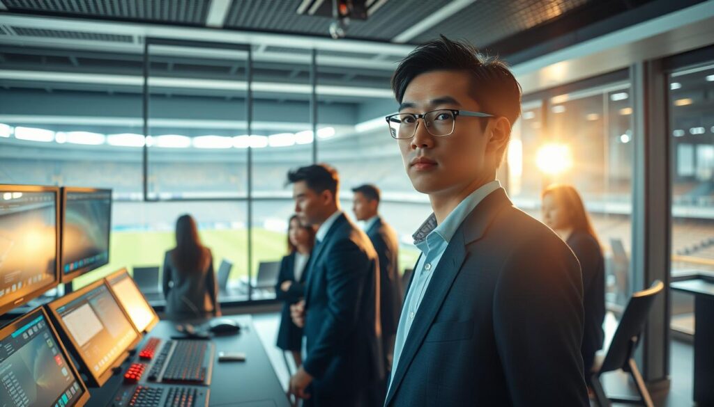 An interior office setting with a technical director overseeing a sports production. Bright, natural lighting illuminates the scene, creating a professional and focused atmosphere. In the foreground, a young Japanese man in business attire stands at a control panel, monitoring multiple screens and adjusting various settings. The middle ground features a team of assistants collaborating on the production, their expressions concentrated as they work together. In the background, a large panoramic window offers a view of a modern sports stadium, hinting at the scale and importance of the event being covered. The overall mood conveys a sense of expertise, efficiency, and the high-stakes nature of the technical director's role in delivering a seamless sports broadcast.