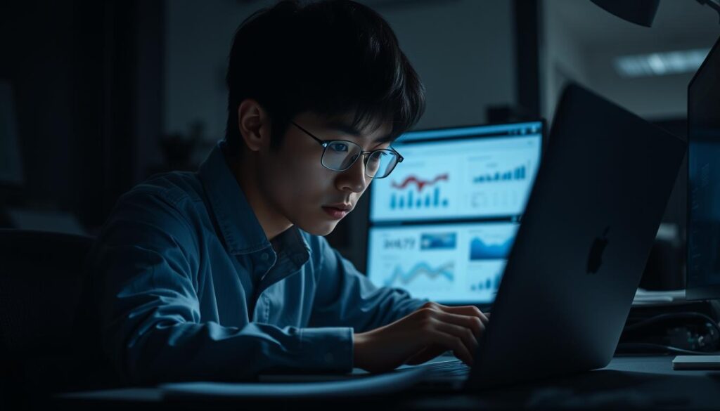 An intimate, dimly lit office scene. A young Japanese individual, their face obscured by a laptop screen, intently studying documents and data visualizations. Soft, directional lighting illuminates the desk, casting shadows across the features. The background is blurred, hinting at the larger context of information gathering and analysis. The overall atmosphere is focused, analytical, and subtly dramatic, reflecting the technical nature of the subject matter.