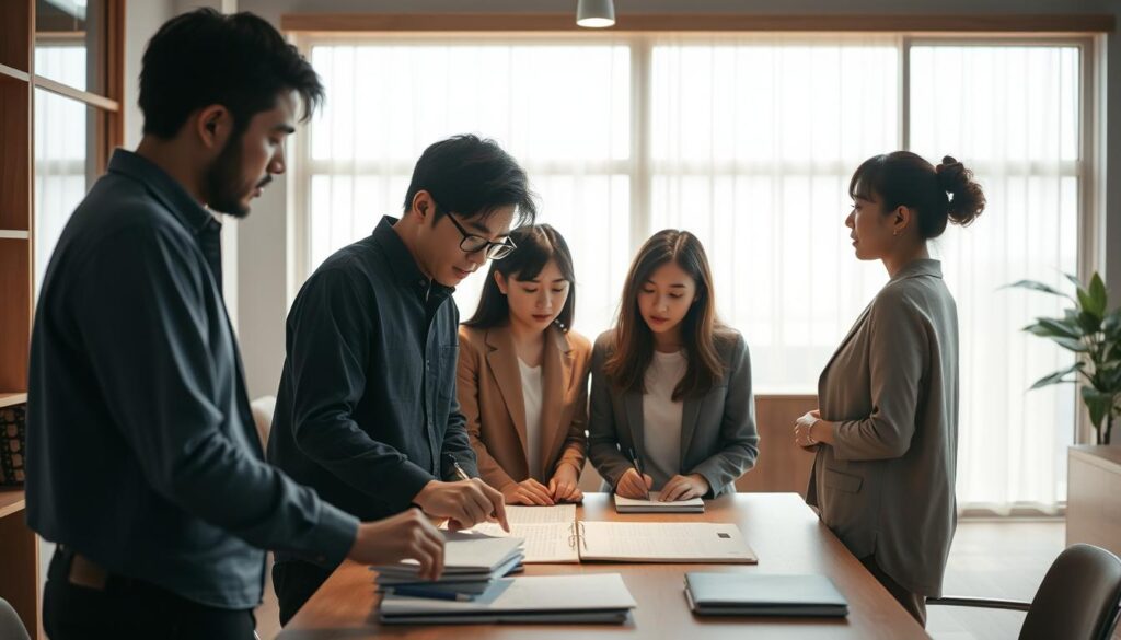 An intimate scene of a young Japanese-looking writer collaborating with colleagues in a well-lit, minimalist office space. The group stands around a large table, deep in discussion, their faces illuminated by soft, natural light filtering through floor-to-ceiling windows. Warm wooden accents and clean lines create a serene, focused atmosphere as they meticulously craft the narrative details of their screenplay. Their expressions convey a sense of dedicated concentration, the weight of their task palpable in the room.
