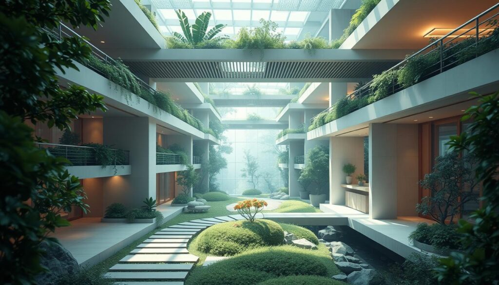 An intricate and immersive digital environment, showcasing the innovative capabilities of environmental design software. Sleek, modern architecture with clean lines and minimalist aesthetics set against a backdrop of lush greenery and natural elements. Young, Japanese-inspired designers collaborate seamlessly, utilizing cutting-edge tools to breathe life into their visionary creations. Soft, directional lighting accentuates the three-dimensional depth and texture, while a cinematic camera angle captures the dynamic interplay of form, function, and environmental harmony. The result is a stunning representation of the power and versatility of these specialized design applications.