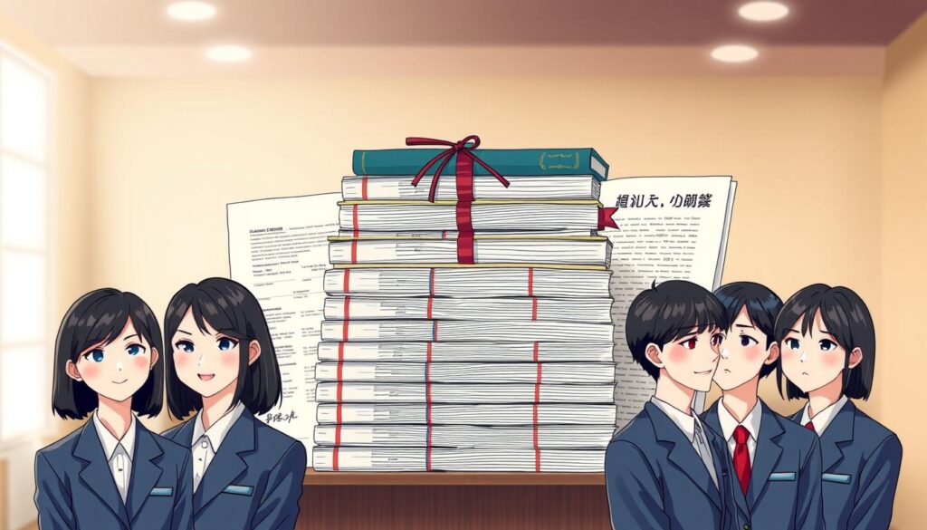 An intricate illustration showcasing the educational background and qualifications required for a professional interpreter. In the foreground, a group of young, Japanese-looking individuals in formal attire stand side by side, their expressions conveying a sense of focus and determination. The middle ground features a stack of diplomas, certificates, and academic transcripts, emphasizing the academic rigor and specialized training needed for this profession. The background is softly blurred, creating a sense of depth and drawing the viewer's attention to the central elements. The lighting is soft and diffused, lending a sense of elegance and professionalism to the scene. The overall mood is one of achievement, expertise, and the dedication required to excel as an interpreter.