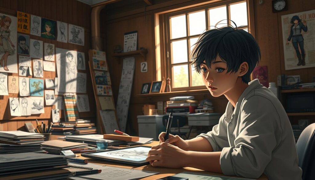 An intricate, realistic scene depicting the creative process of character design. In the foreground, a young Japanese artist sits at a desk, deep in concentration as they sketch with a digital pen on a tablet. The middle ground reveals the artist's workspace, cluttered with reference materials, color palettes, and sketches pinned to a corkboard. The background showcases a large window, letting in warm, natural lighting that bathes the scene in a soft, contemplative glow. The artist's face is expressive, their brow furrowed as they meticulously refine the form and features of their character design. The overall atmosphere conveys the dedication, attention to detail, and creative focus required for this specialized craft.