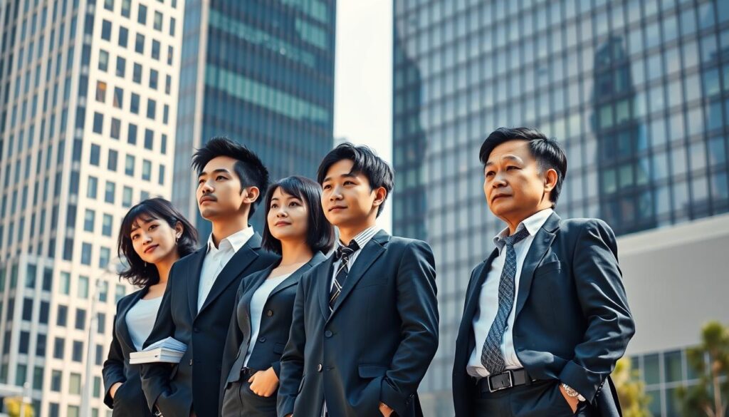 An intricately detailed realistic photograph of five young Japanese-looking individuals in their 20s, 30s, 40s, 50s, and 60s, standing together in a modern urban setting with a backdrop of tall glass skyscrapers. The figures are arranged in a staggered formation, each dressed professionally in smart business attire, conveying a sense of career progression and life stages. The lighting is crisp and natural, casting dramatic shadows and highlights on the subjects' faces and clothing. The overall mood is one of thoughtful contemplation, as the individuals appear to be engaged in a discussion about career strategies and opportunities. The scene is captured from a slightly elevated angle, giving a sense of authority and perspective on the subject matter.