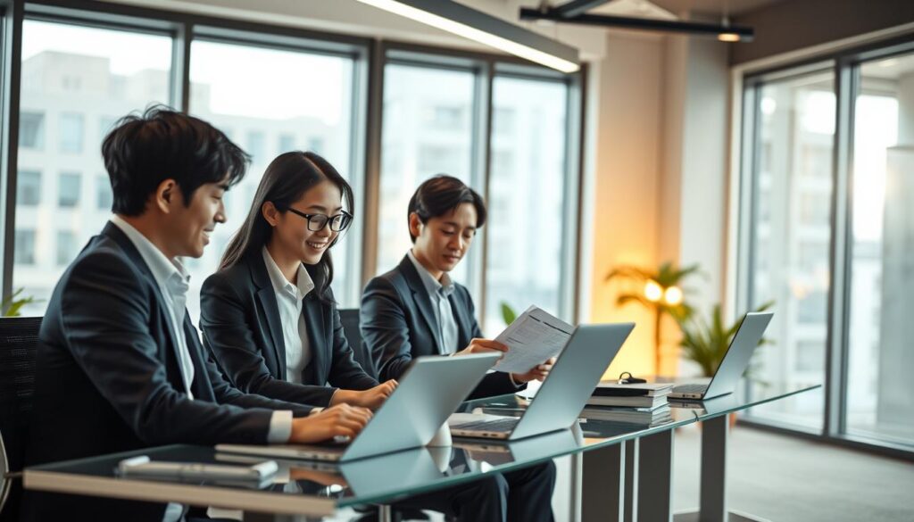 An office interior of a public policy consulting firm, filled with natural light from large windows. A team of three young Japanese-looking consultants are seated at their desks, deeply engaged in discussions, referencing documents and laptops. The scene conveys a sense of focused productivity, with minimal clutter and a modern, minimalist aesthetic. Warm ambient lighting softly illuminates the space, creating a professional yet approachable atmosphere. The consultants wear business casual attire, reflecting the dynamic nature of their work. The overall composition emphasizes the consultants' collaborative efforts and attention to detail as they tackle the challenges of public policy.