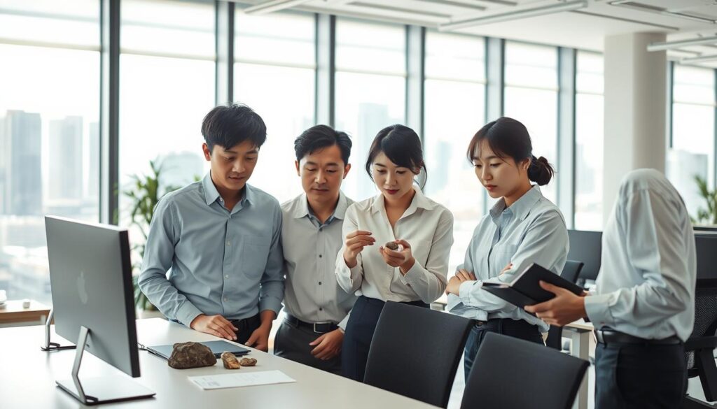 An office interior scene depicting a team of young, Japanese-looking geologists collaborating on a geological consulting project. The foreground features three professionals gathered around a desk, engaged in discussion and examining geological samples. The middle ground showcases a modern, well-lit workspace with minimalist decor, ergonomic furniture, and large windows overlooking a cityscape in the background. The lighting is natural, soft, and diffused, creating a calm, focused atmosphere. The camera angle is slightly elevated, providing a bird's-eye view of the scene to convey a sense of professionalism and productivity in the workplace.
